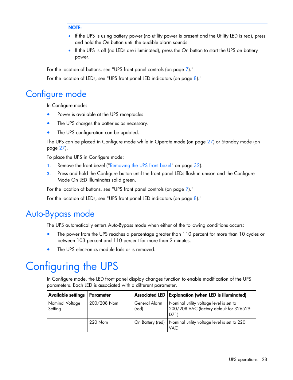 Configure mode, Auto-bypass mode, Configuring the ups | HP R5500 User Manual | Page 28 / 61