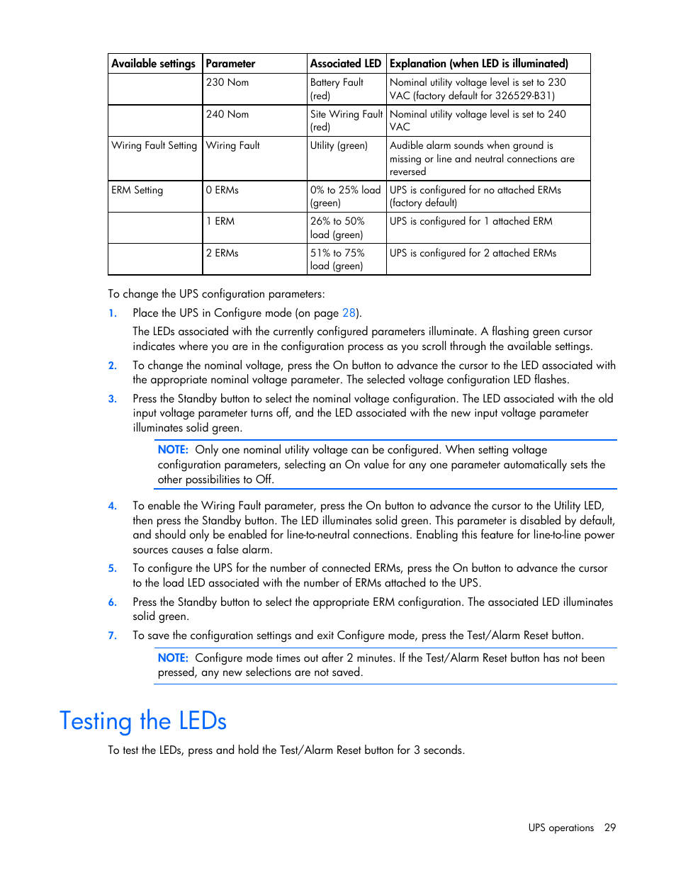 Testing the leds | HP R5500 User Manual | Page 29 / 61