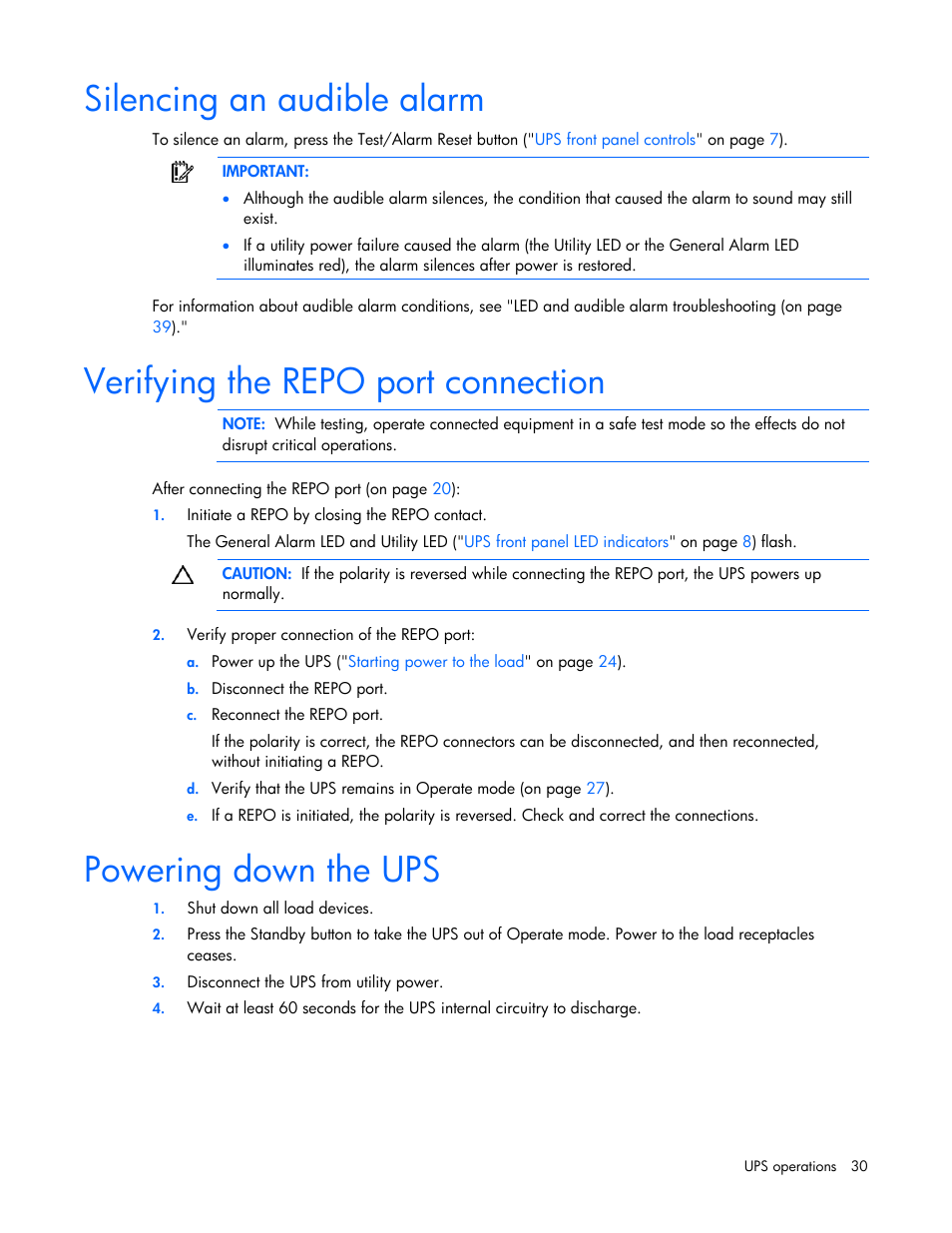 Silencing an audible alarm, Verifying the repo port connection, Powering down the ups | Silencing an, Audible alarm | HP R5500 User Manual | Page 30 / 61