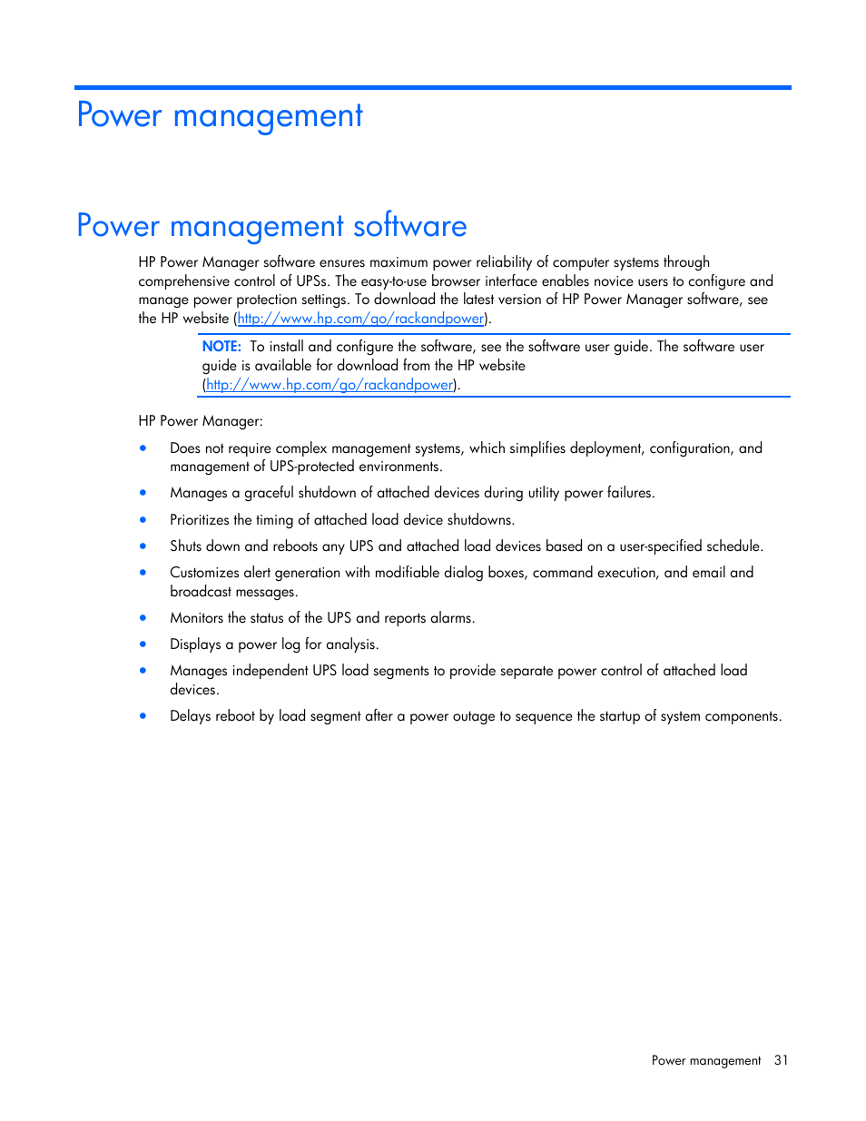Power management, Power management software | HP R5500 User Manual | Page 31 / 61