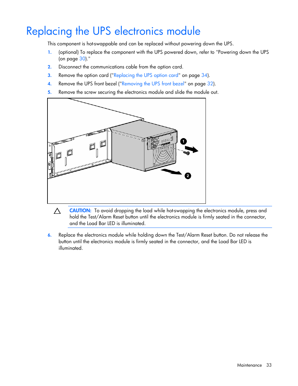 Replacing the ups electronics module | HP R5500 User Manual | Page 33 / 61