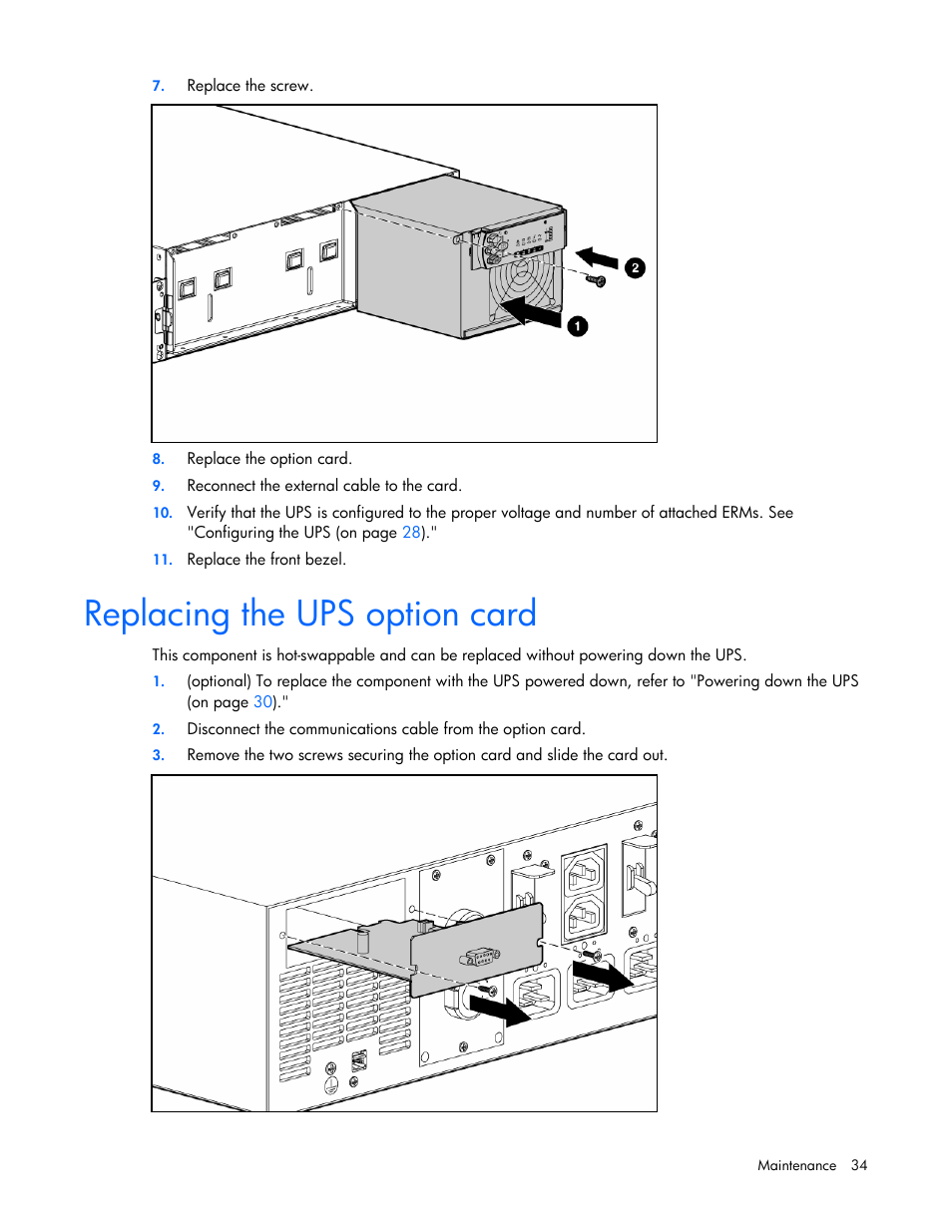 Replacing the ups option card | HP R5500 User Manual | Page 34 / 61