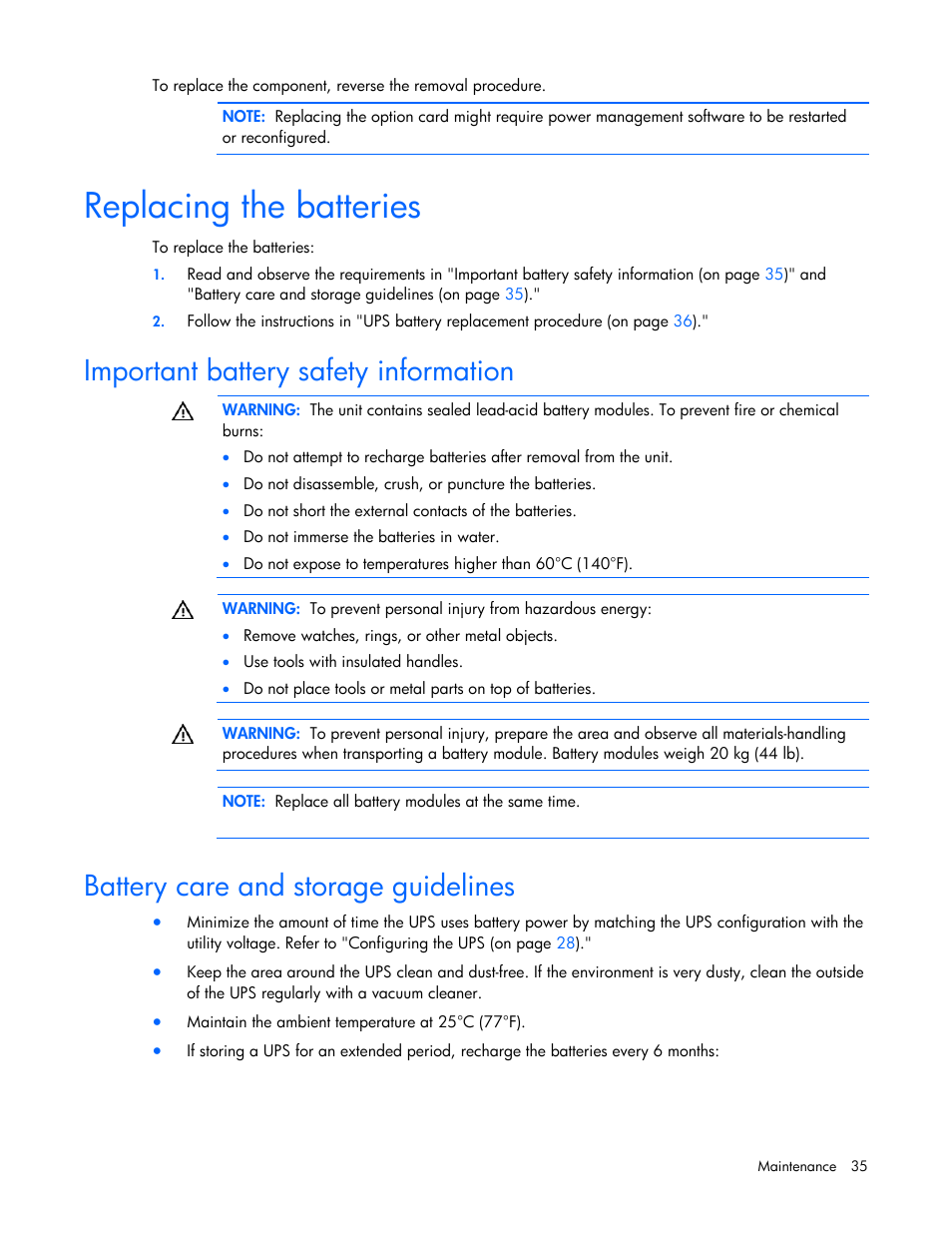 Replacing the batteries, Important battery safety information, Battery care and storage guidelines | HP R5500 User Manual | Page 35 / 61