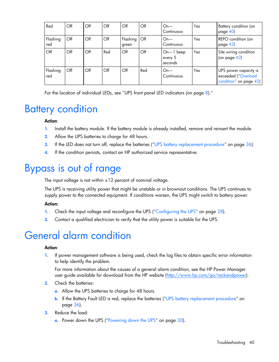 Battery condition, Bypass is out of range, General alarm condition | General alarm, Condition, On p, Battery | HP R5500 User Manual | Page 40 / 61