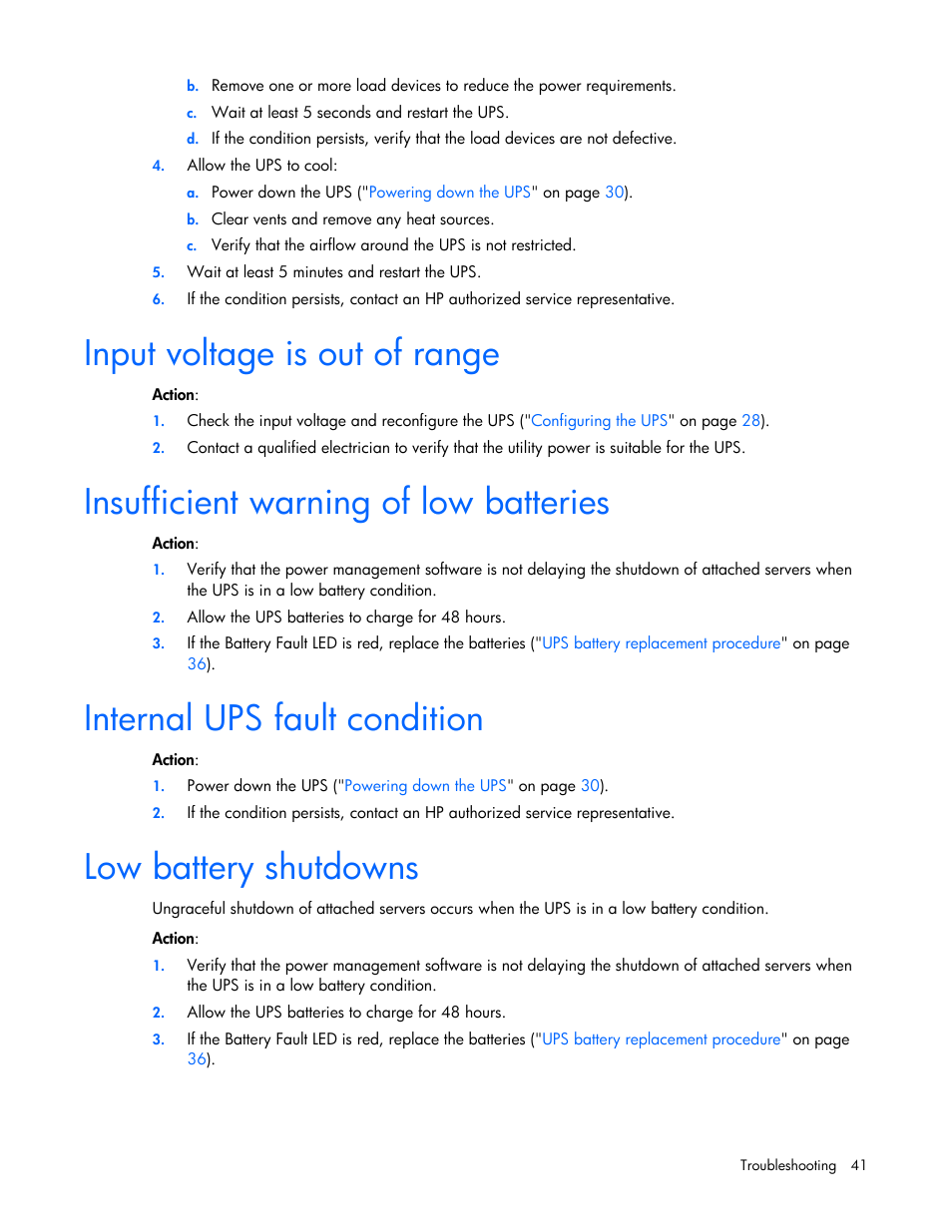 Input voltage is out of range, Insufficient warning of low batteries, Internal ups fault condition | Low battery shutdowns | HP R5500 User Manual | Page 41 / 61
