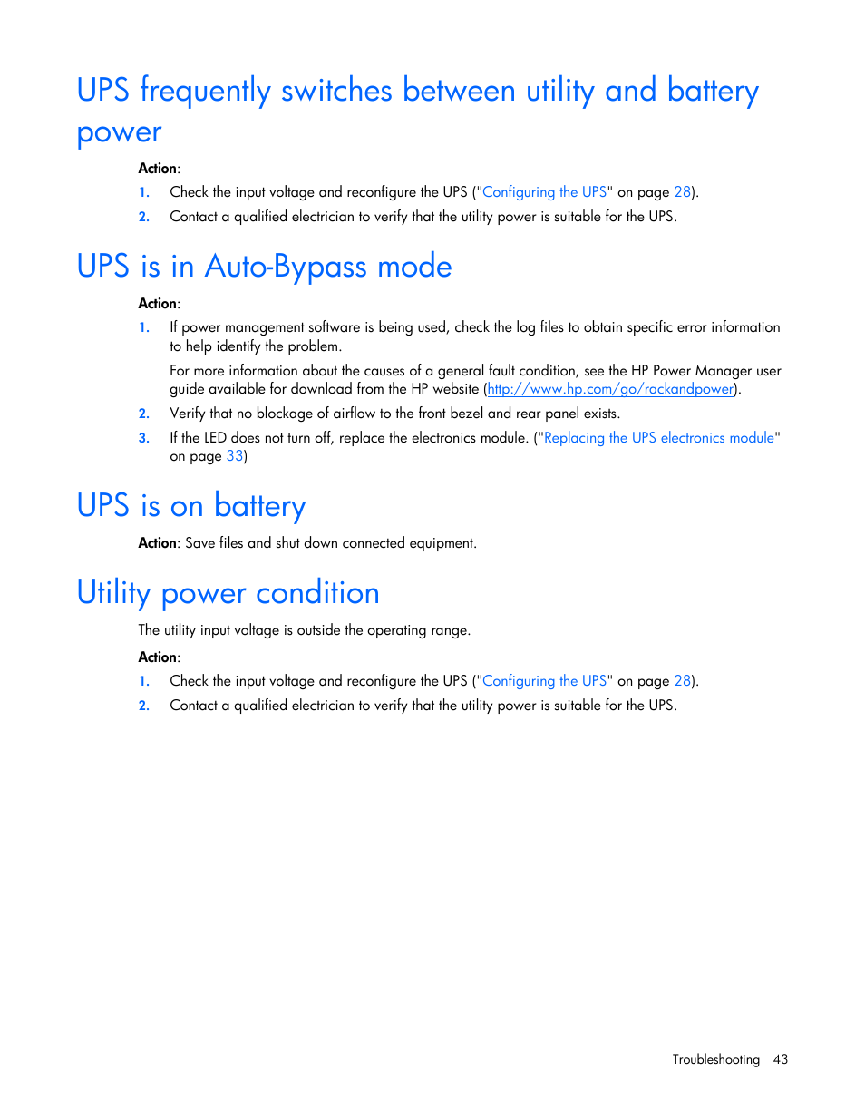 Ups is in auto-bypass mode, Ups is on battery, Utility power condition | Ups is on, Battery | HP R5500 User Manual | Page 43 / 61