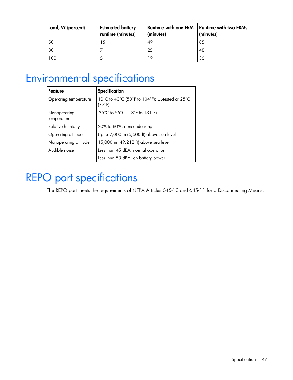 Environmental specifications, Repo port specifications | HP R5500 User Manual | Page 47 / 61