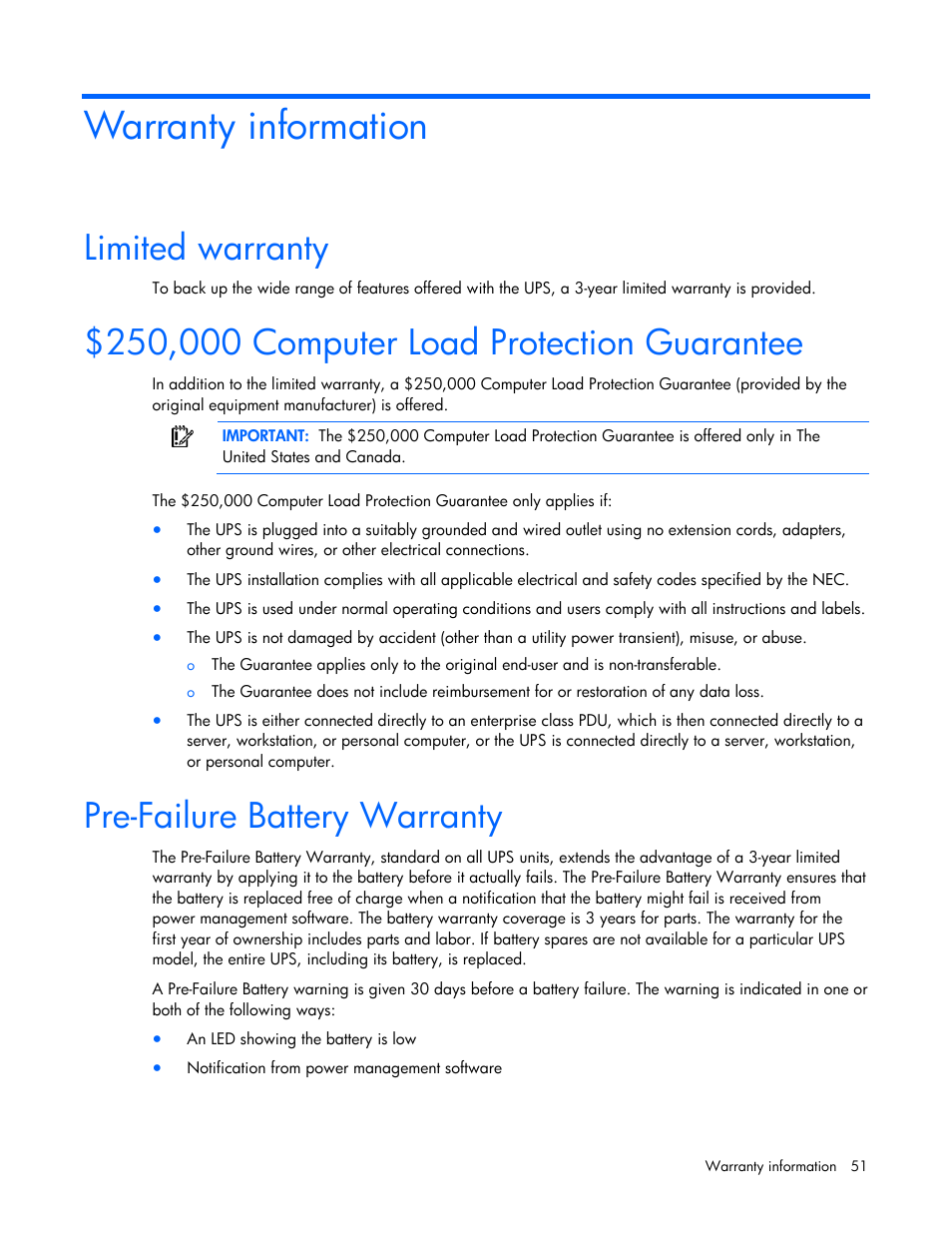 Warranty information, Limited warranty, 250,000 computer load protection guarantee | Pre-failure battery warranty | HP R5500 User Manual | Page 51 / 61