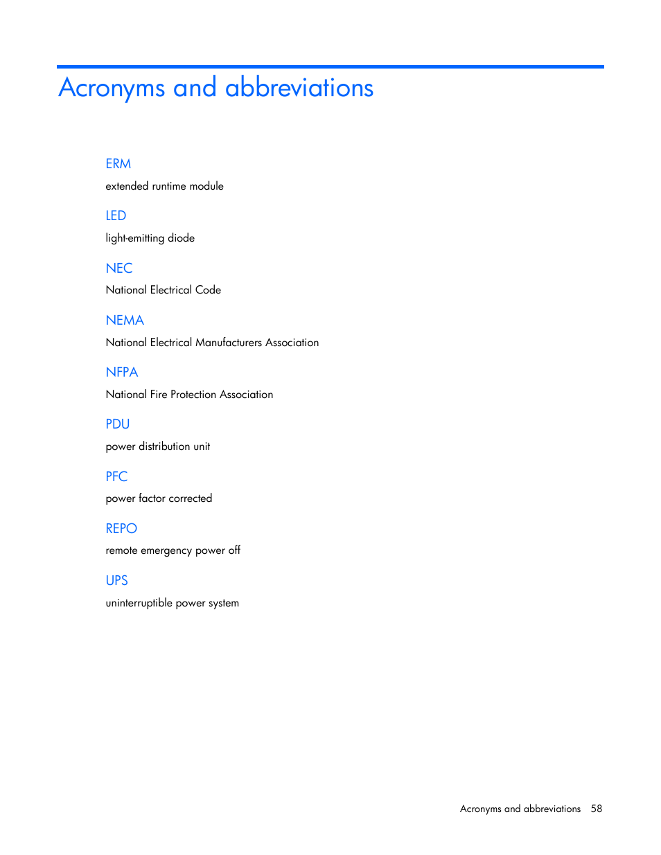 Acronyms and abbreviations | HP R5500 User Manual | Page 58 / 61