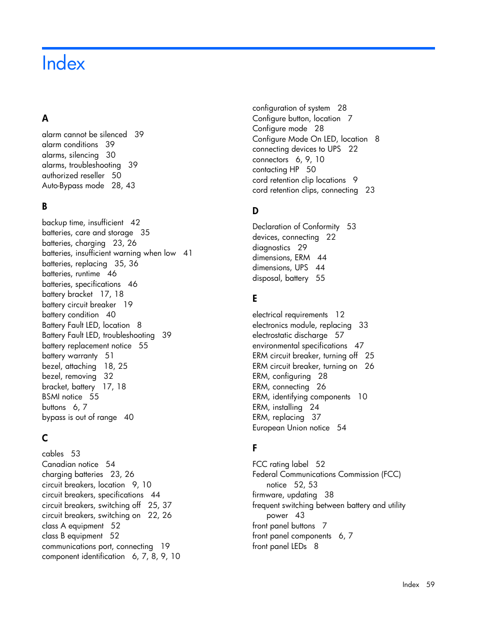 Index | HP R5500 User Manual | Page 59 / 61