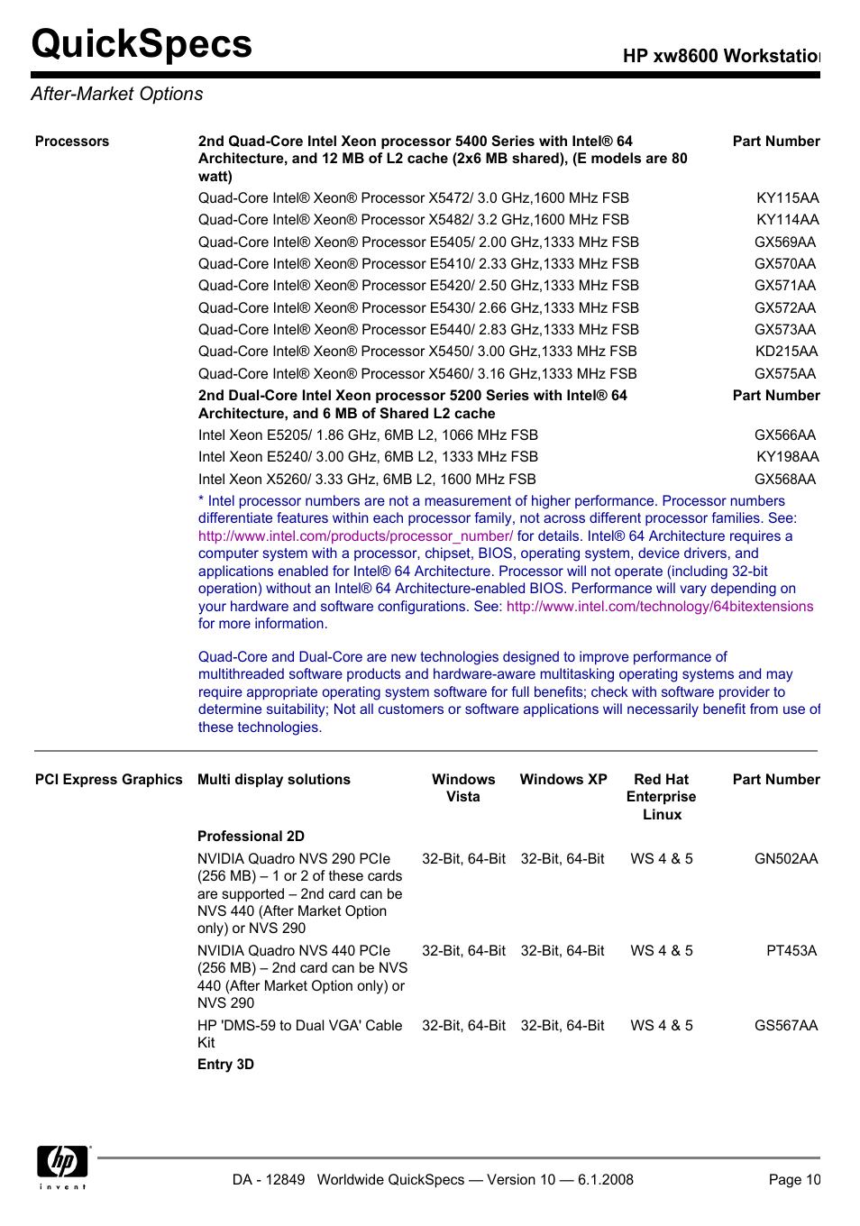 After-market options, Quickspecs, Hp xw8600 workstation after-market options | HP xw8600 User Manual | Page 10 / 73