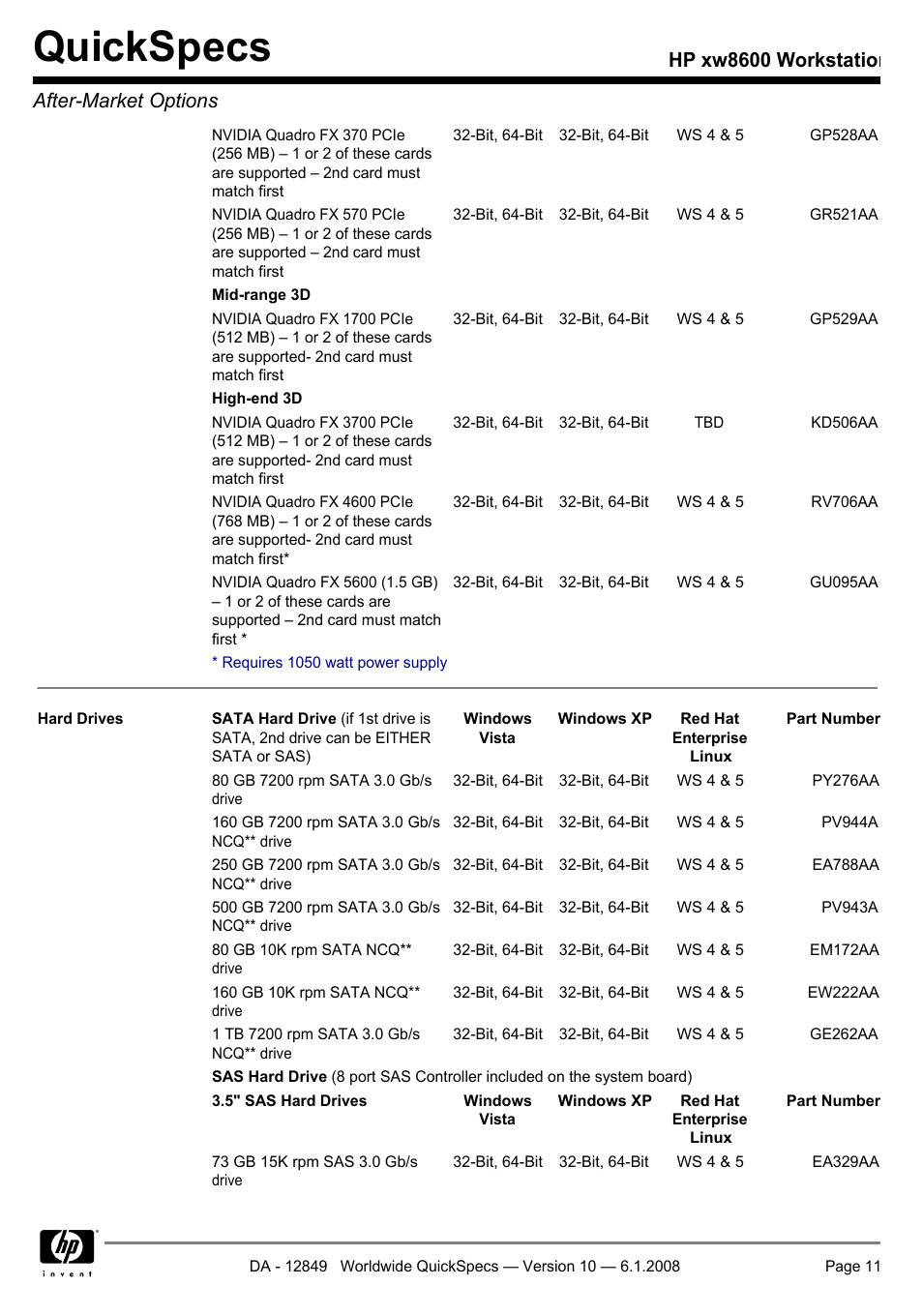 Quickspecs, Hp xw8600 workstation after-market options | HP xw8600 User Manual | Page 11 / 73