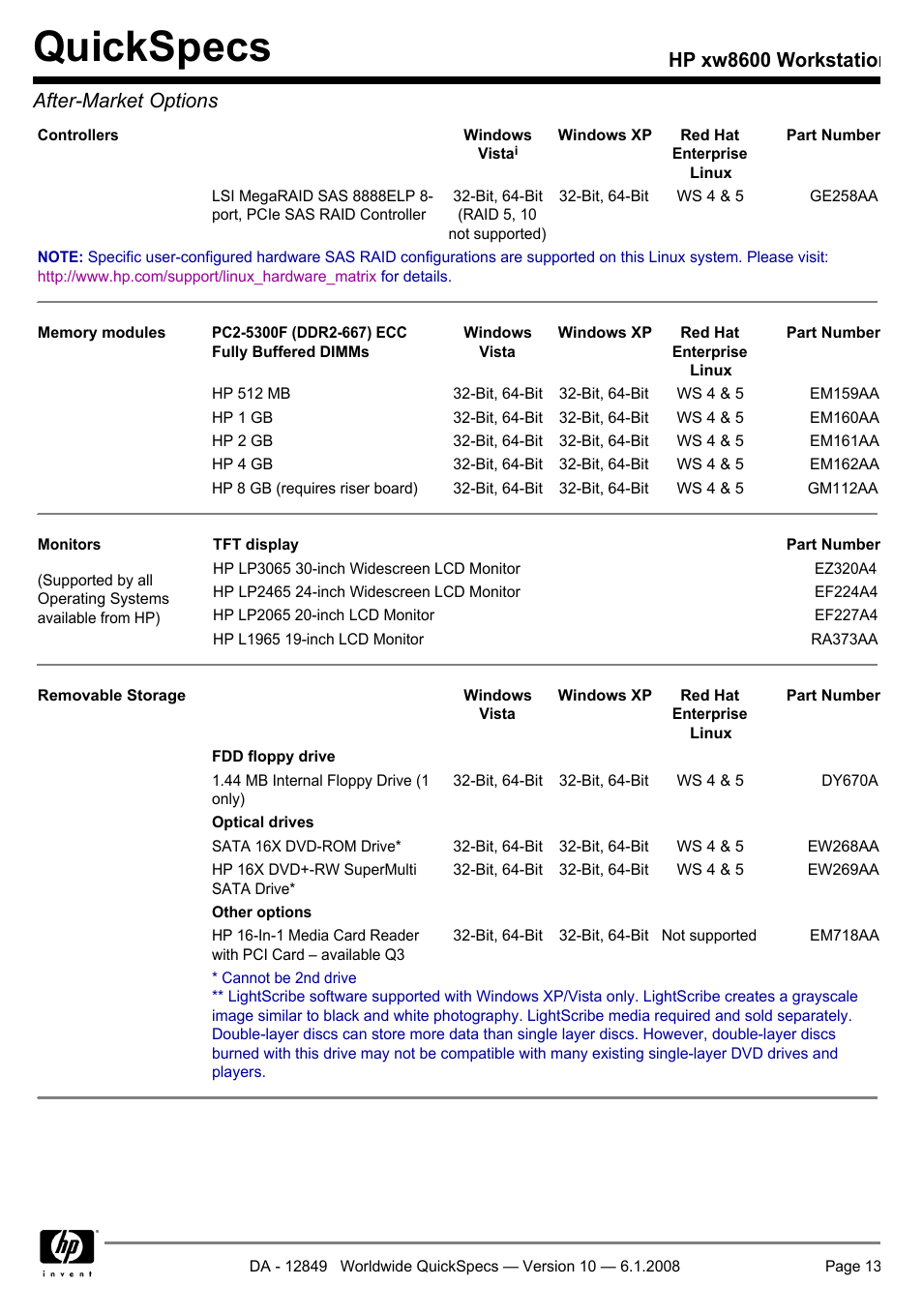 Quickspecs, Hp xw8600 workstation after-market options | HP xw8600 User Manual | Page 13 / 73