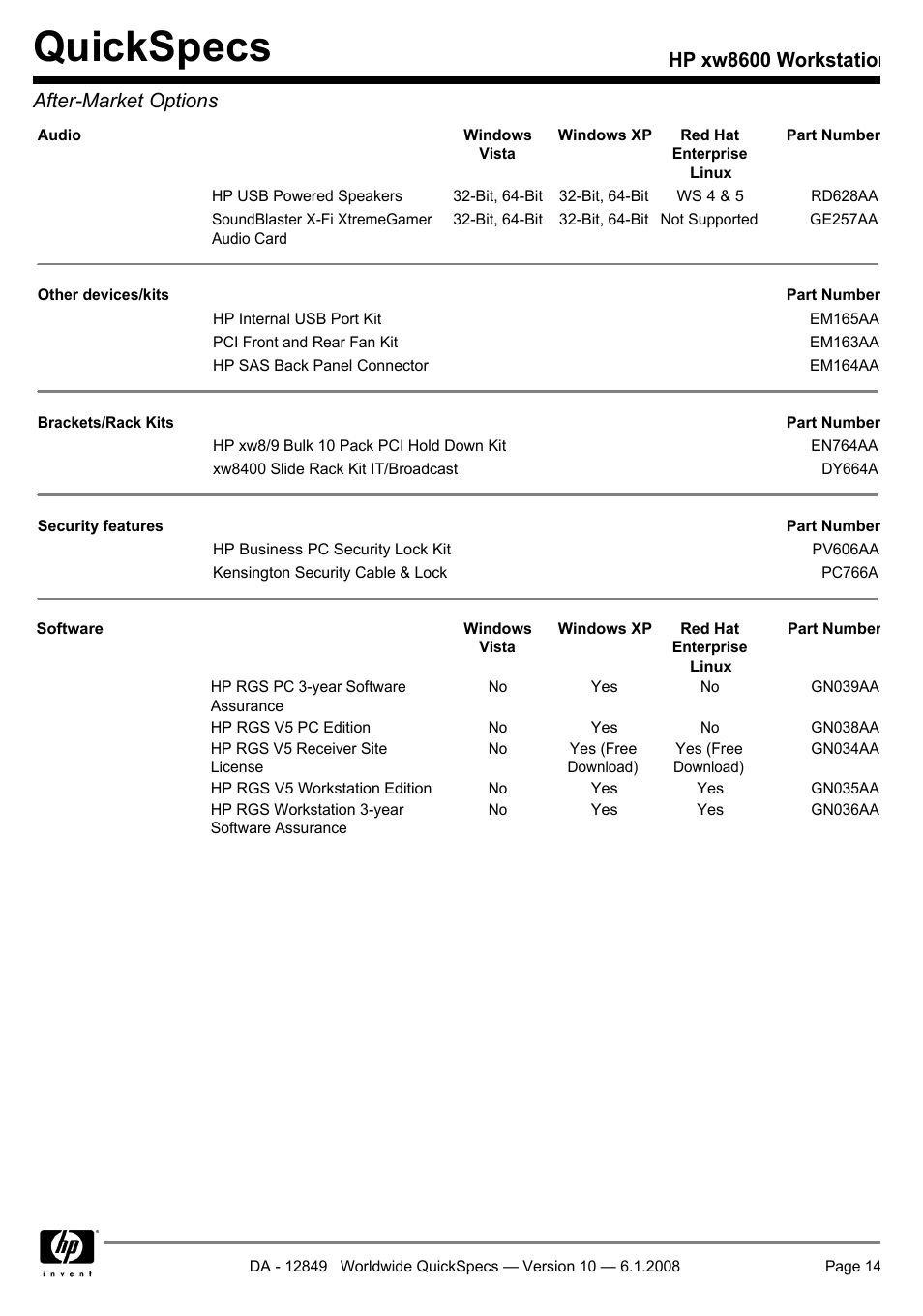 Quickspecs, Hp xw8600 workstation after-market options | HP xw8600 User Manual | Page 14 / 73