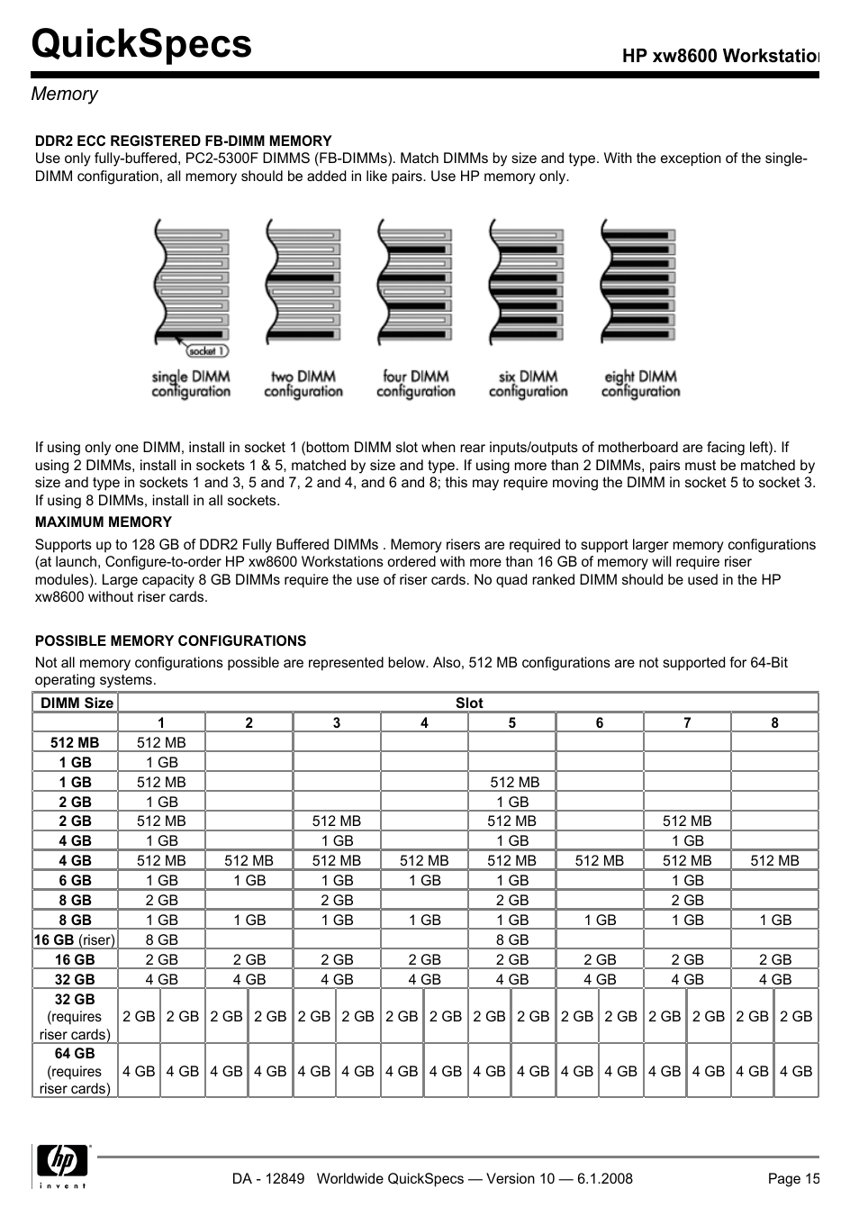 Memory, Quickspecs | HP xw8600 User Manual | Page 15 / 73