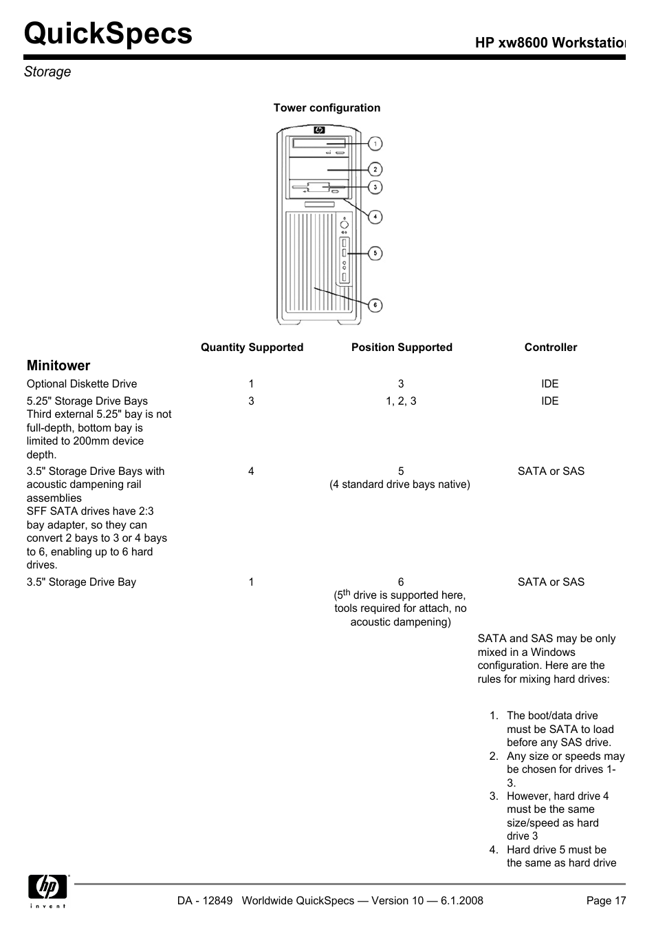 Storage, Quickspecs, Minitower | Hp xw8600 workstation storage | HP xw8600 User Manual | Page 17 / 73