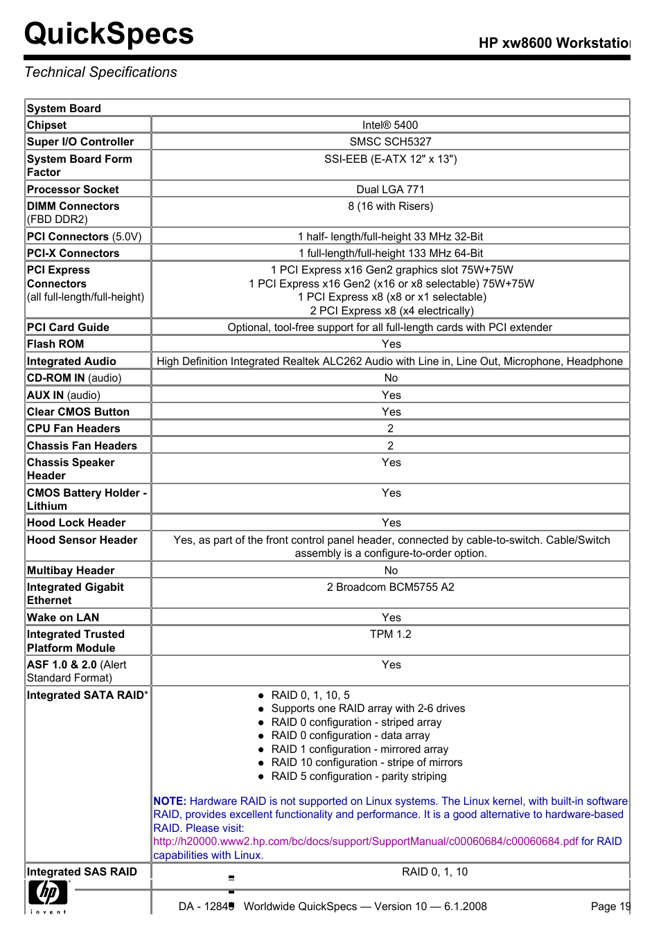Technical specifications, Quickspecs, Hp xw8600 workstation technical specifications | HP xw8600 User Manual | Page 19 / 73