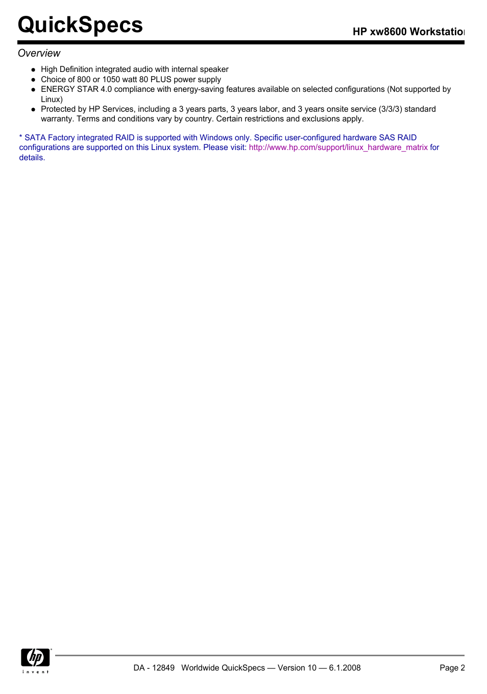 Quickspecs | HP xw8600 User Manual | Page 2 / 73