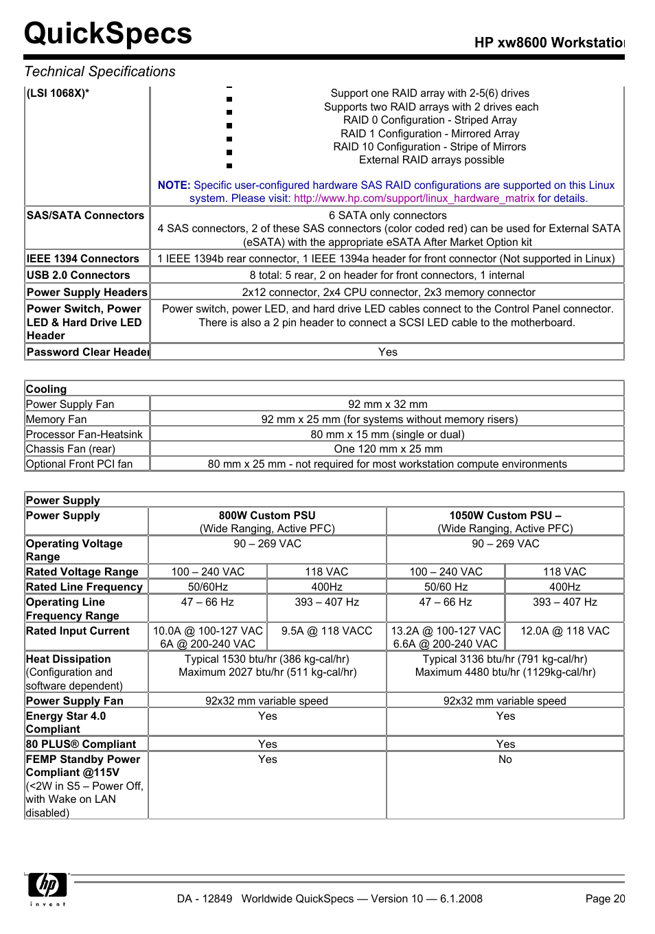 Quickspecs, Hp xw8600 workstation technical specifications | HP xw8600 User Manual | Page 20 / 73