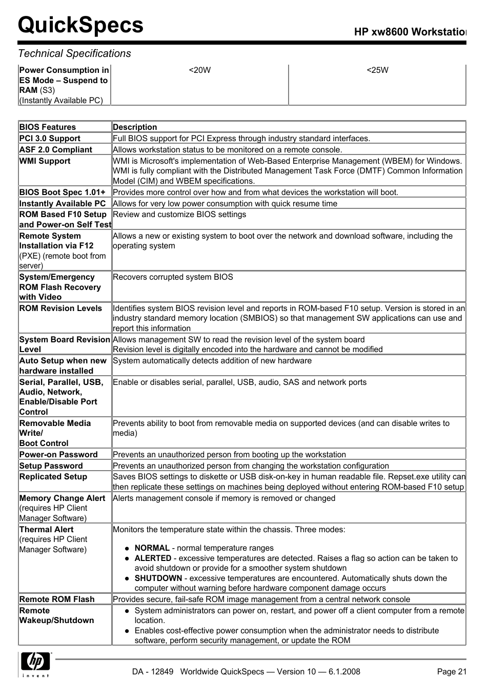 Quickspecs, Hp xw8600 workstation technical specifications | HP xw8600 User Manual | Page 21 / 73