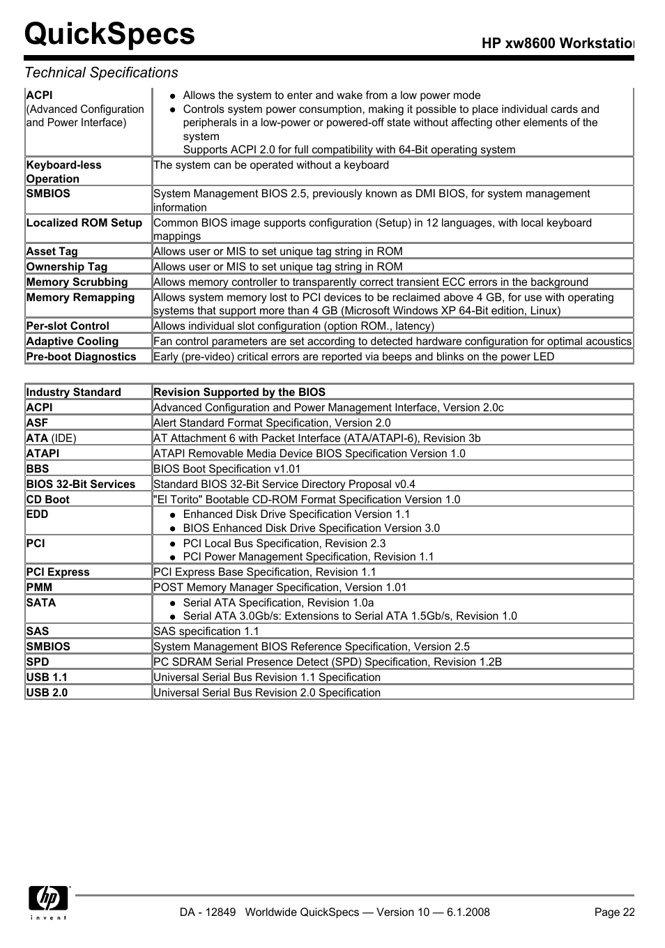 Quickspecs, Hp xw8600 workstation technical specifications | HP xw8600 User Manual | Page 22 / 73