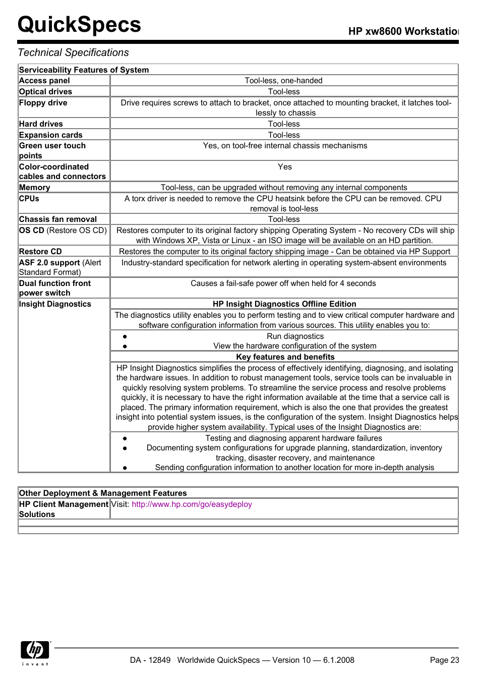 Quickspecs, Hp xw8600 workstation technical specifications | HP xw8600 User Manual | Page 23 / 73