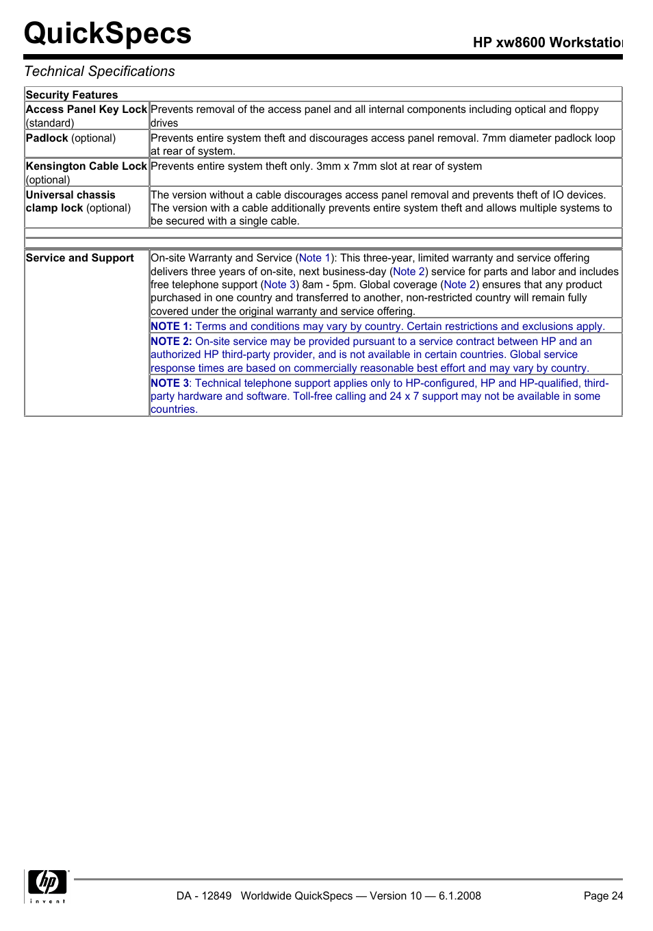 Quickspecs, Hp xw8600 workstation technical specifications | HP xw8600 User Manual | Page 24 / 73