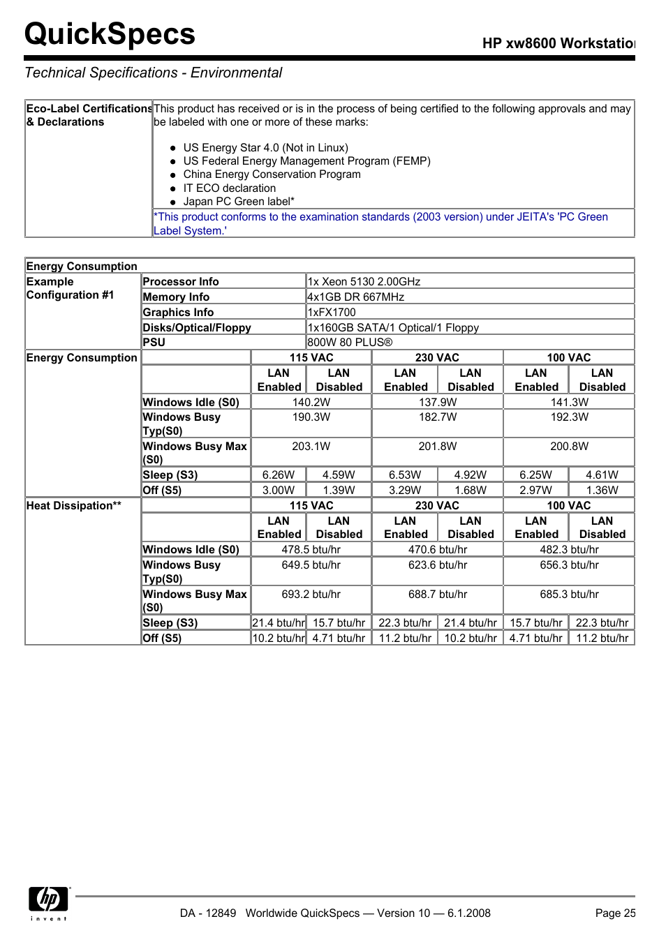 Technical specifications - environmental, Quickspecs | HP xw8600 User Manual | Page 25 / 73