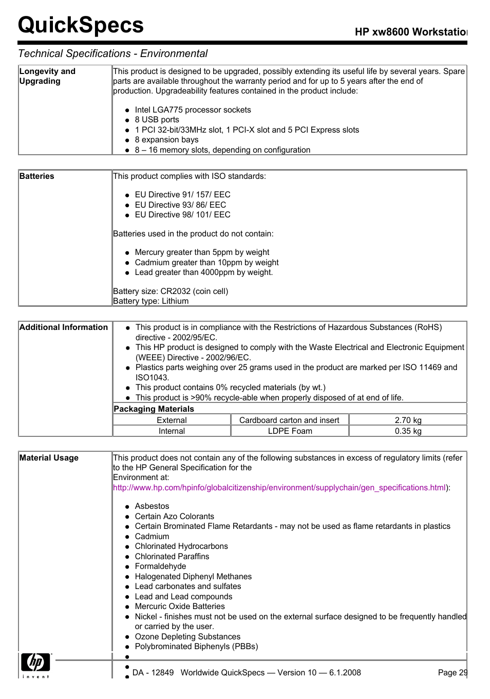 Quickspecs | HP xw8600 User Manual | Page 29 / 73