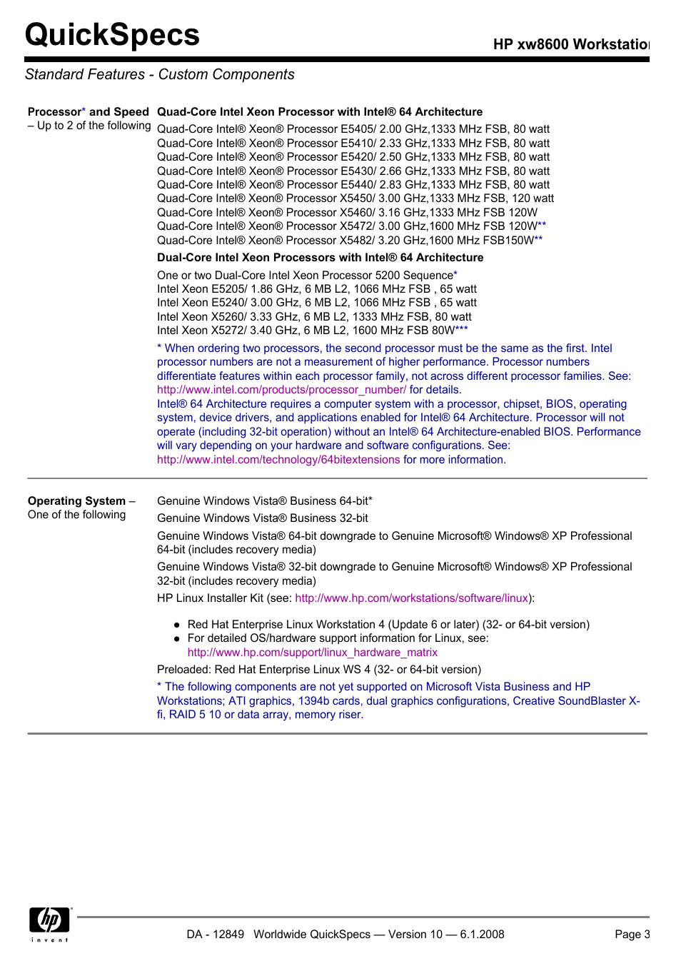 Standard features - custom components, Quickspecs | HP xw8600 User Manual | Page 3 / 73