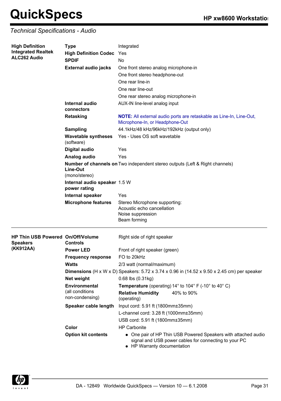 Technical specifications - audio, Quickspecs | HP xw8600 User Manual | Page 31 / 73