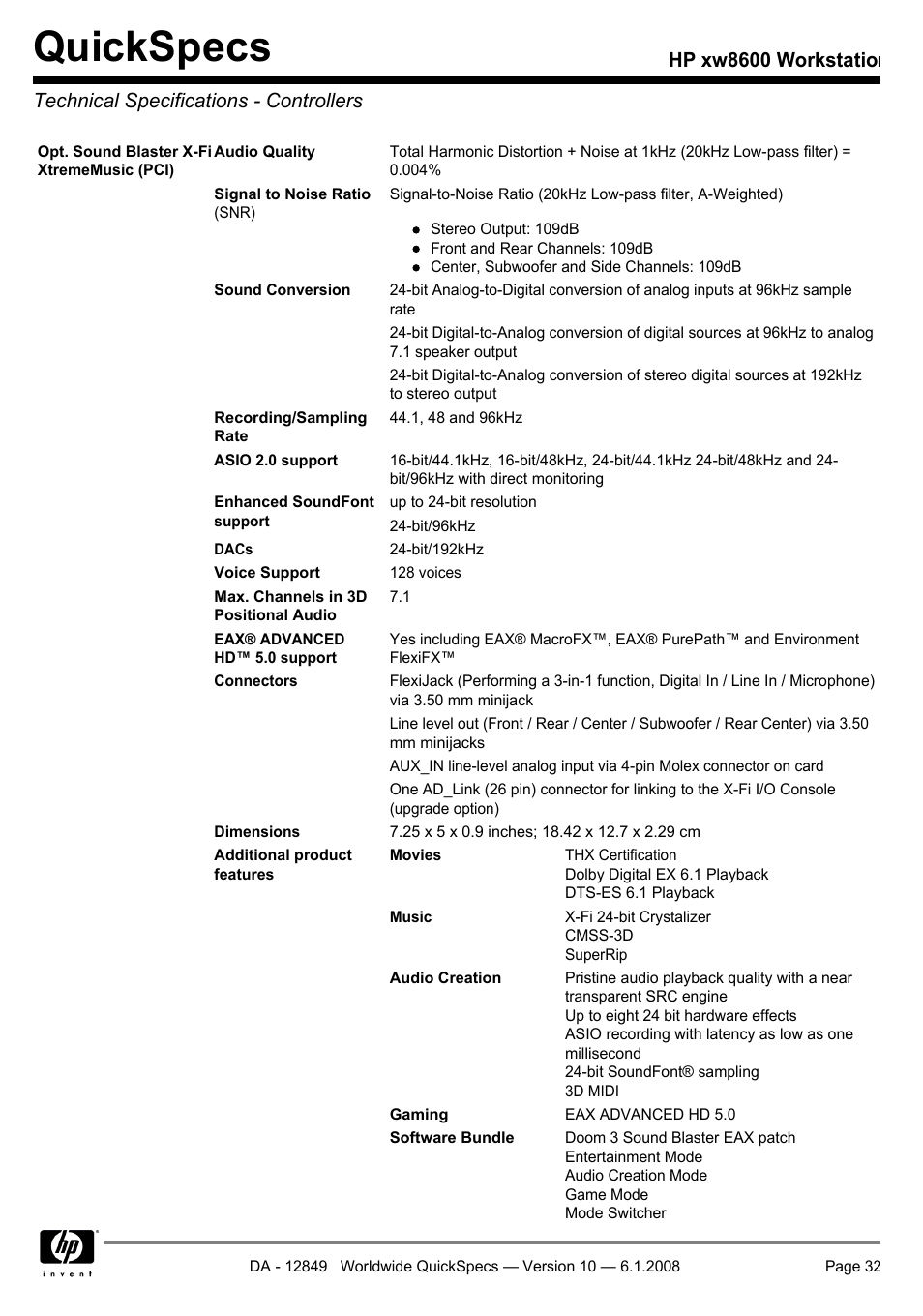 Technical specifications - controllers, Quickspecs | HP xw8600 User Manual | Page 32 / 73