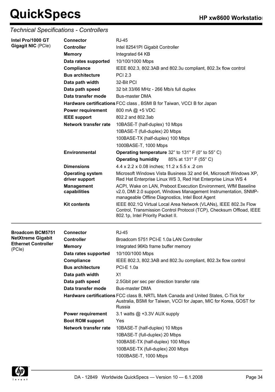 Quickspecs | HP xw8600 User Manual | Page 34 / 73