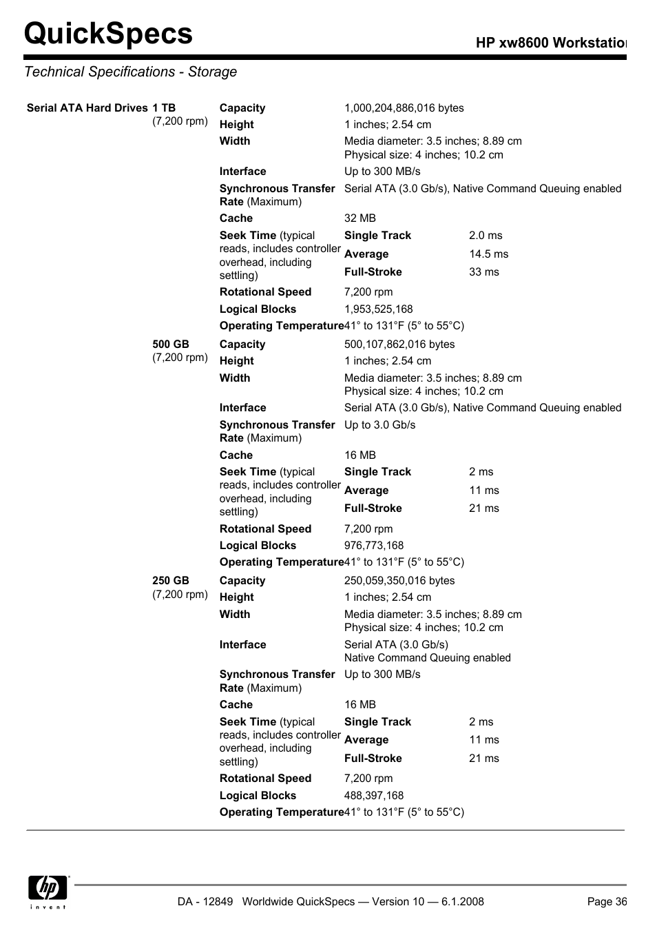 Technical specifications - storage, Quickspecs | HP xw8600 User Manual | Page 36 / 73