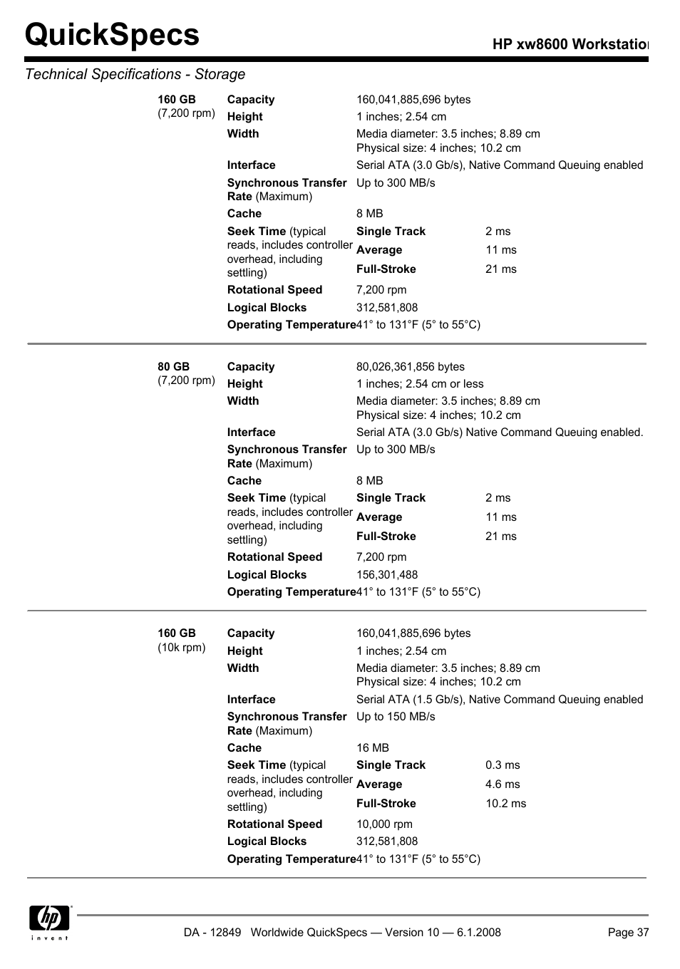 Quickspecs | HP xw8600 User Manual | Page 37 / 73