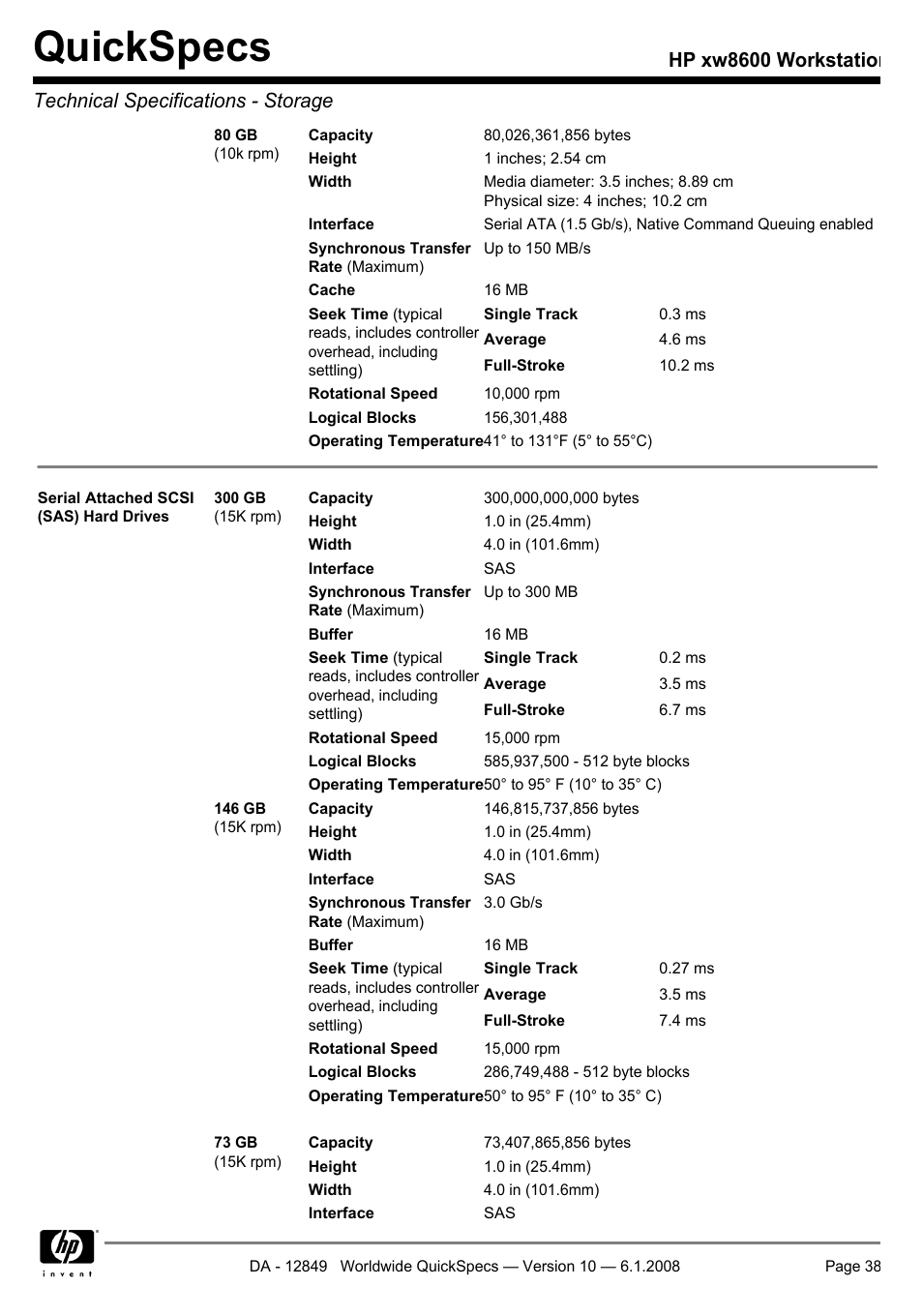 Quickspecs | HP xw8600 User Manual | Page 38 / 73