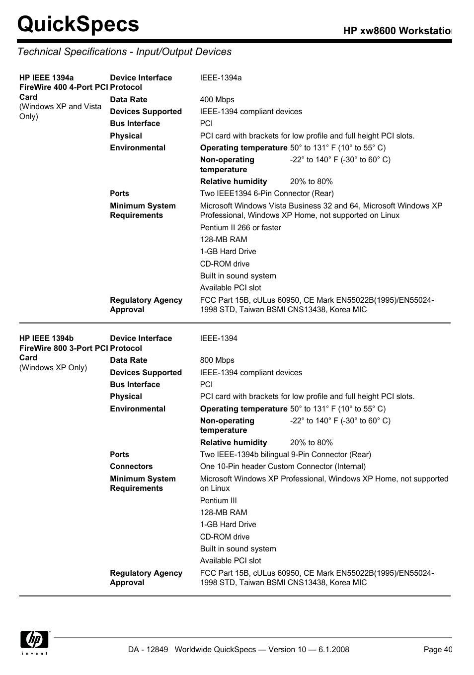 Technical specifications - input/output devices, Quickspecs | HP xw8600 User Manual | Page 40 / 73
