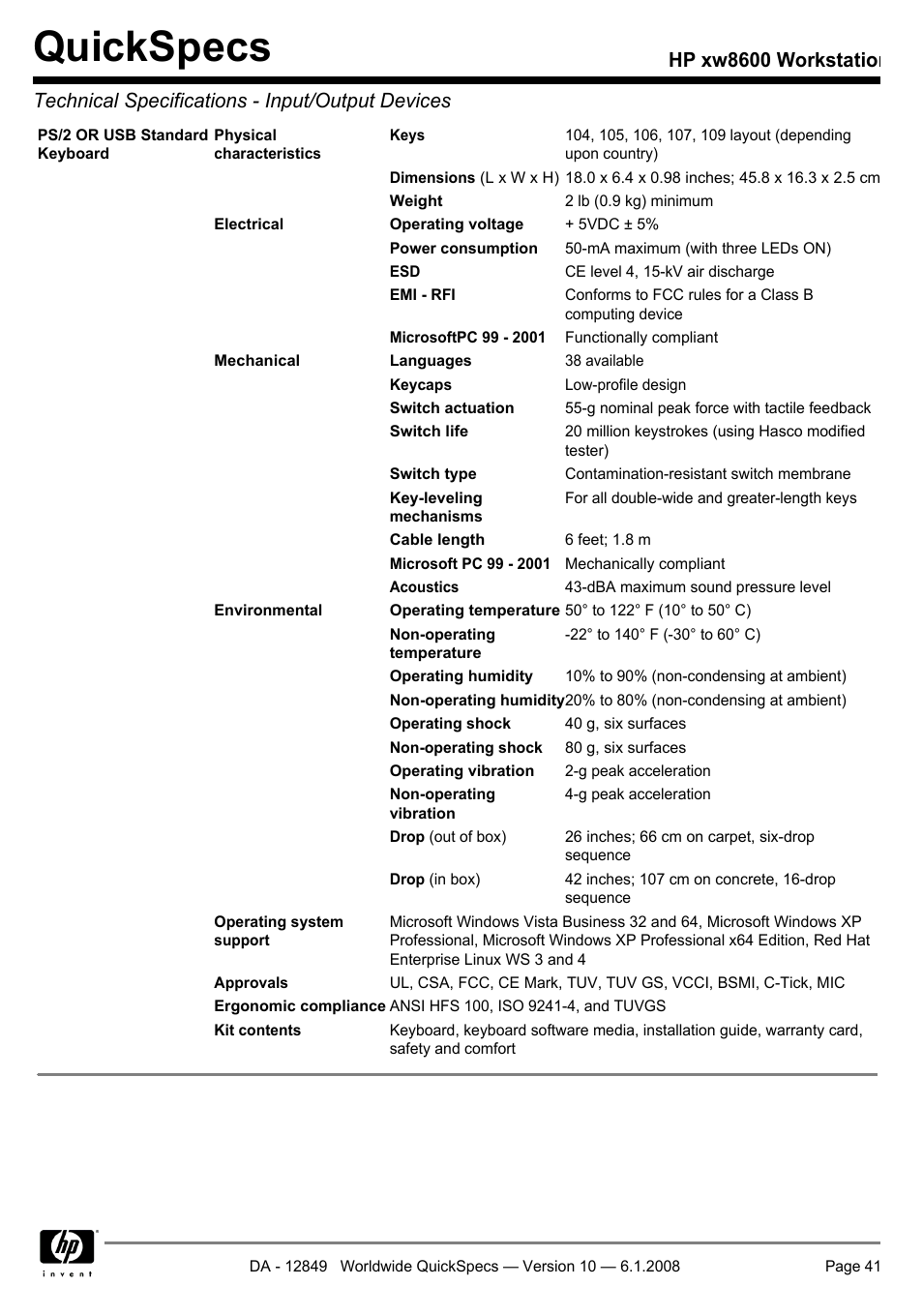 Quickspecs | HP xw8600 User Manual | Page 41 / 73