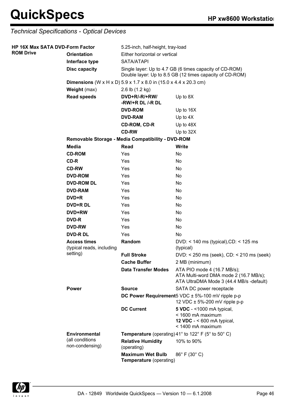 Technical specifications - optical devices, Quickspecs | HP xw8600 User Manual | Page 46 / 73