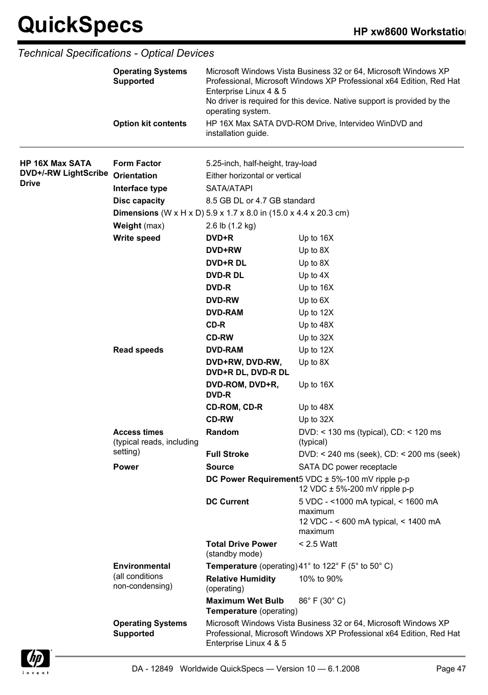 Quickspecs | HP xw8600 User Manual | Page 47 / 73