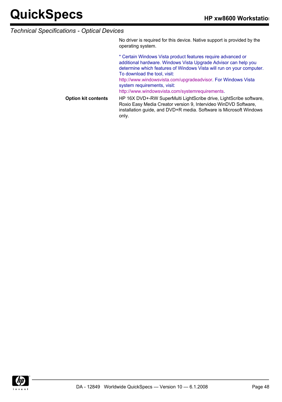 Quickspecs | HP xw8600 User Manual | Page 48 / 73