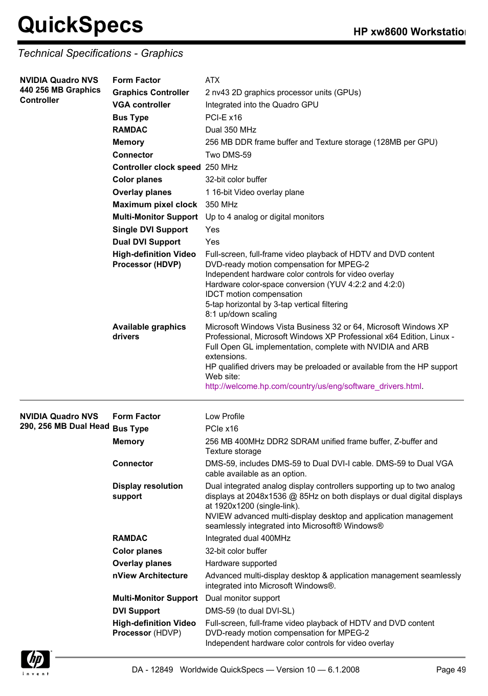 Technical specifications - graphics, Quickspecs | HP xw8600 User Manual | Page 49 / 73