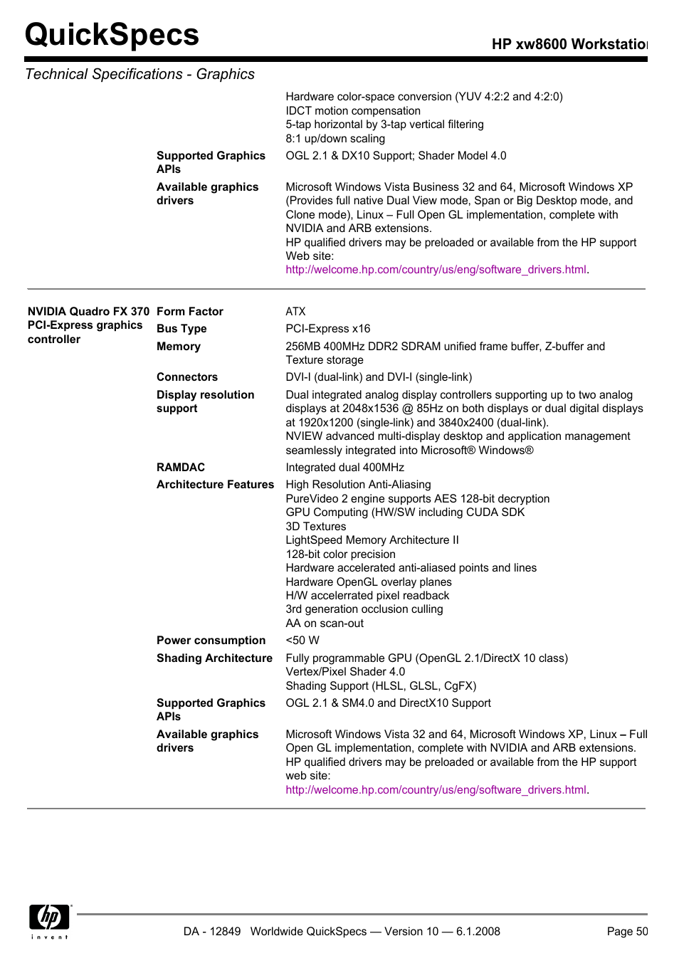 Quickspecs | HP xw8600 User Manual | Page 50 / 73