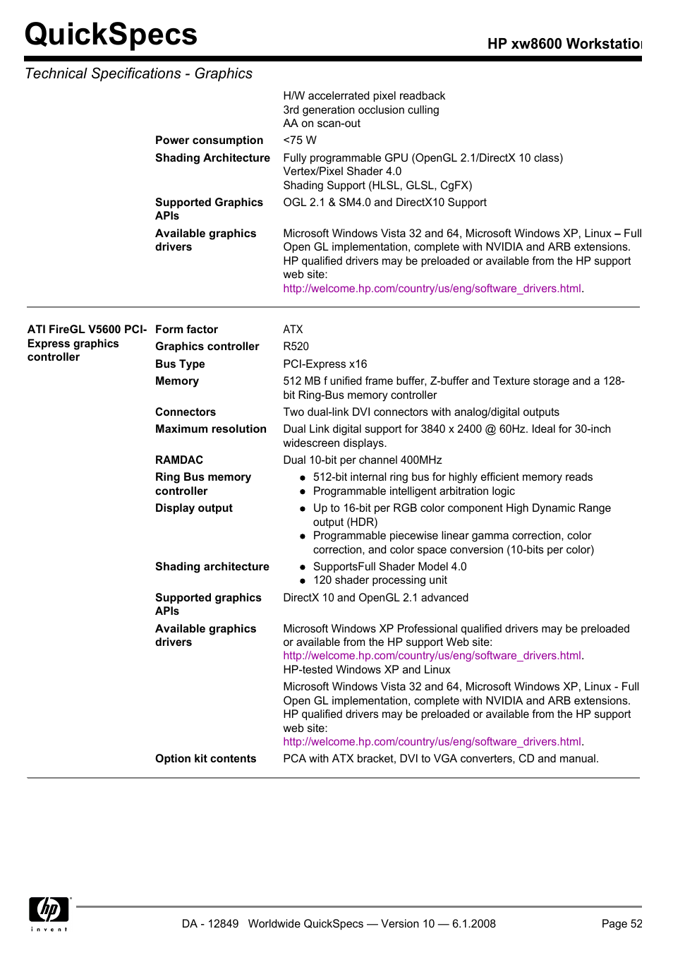 Quickspecs | HP xw8600 User Manual | Page 52 / 73