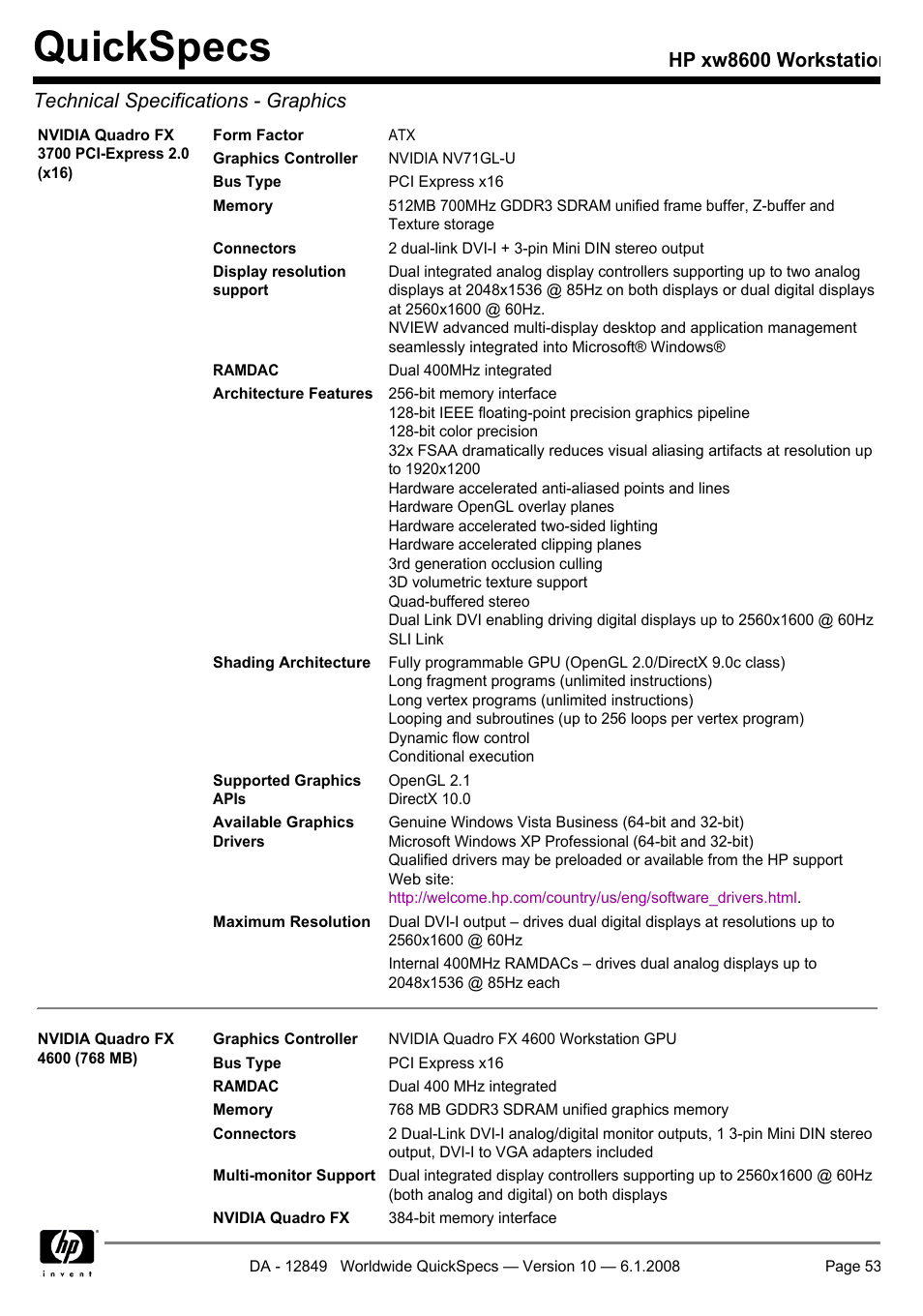 Quickspecs | HP xw8600 User Manual | Page 53 / 73
