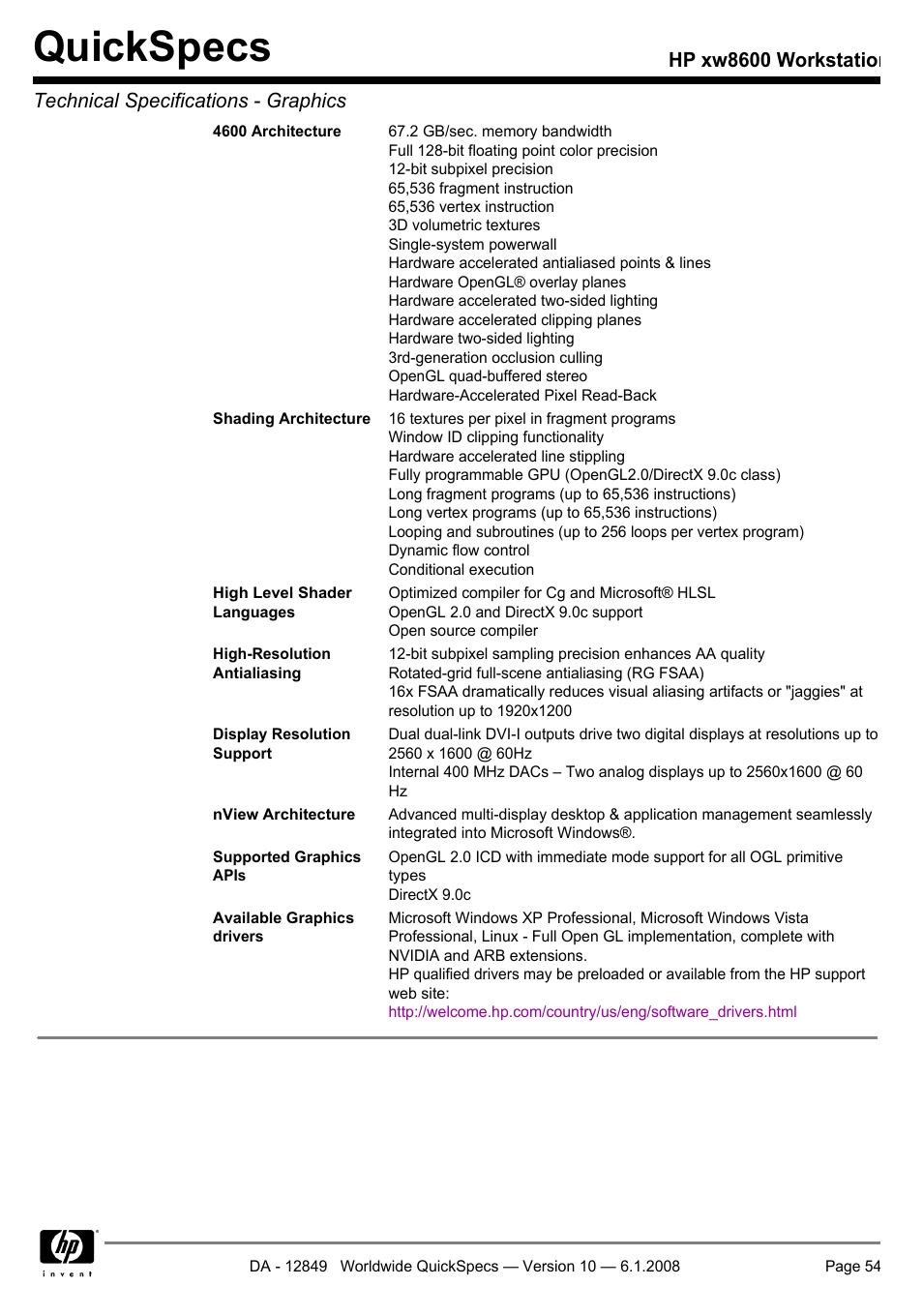Quickspecs | HP xw8600 User Manual | Page 54 / 73