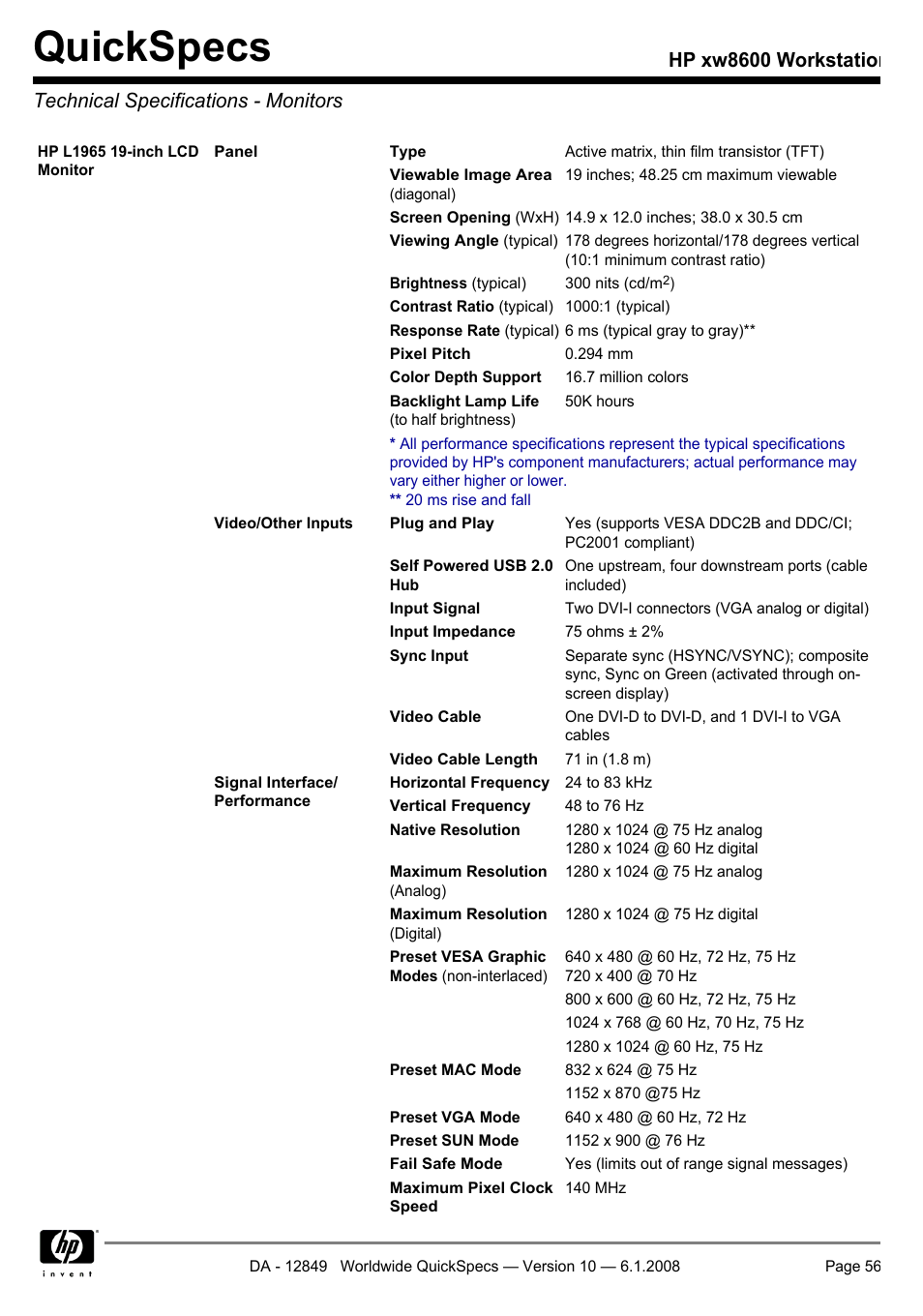 Technical specifications - monitors, Quickspecs | HP xw8600 User Manual | Page 56 / 73