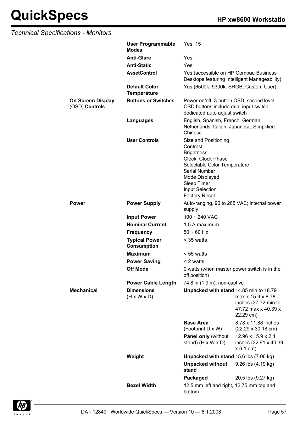 Quickspecs | HP xw8600 User Manual | Page 57 / 73