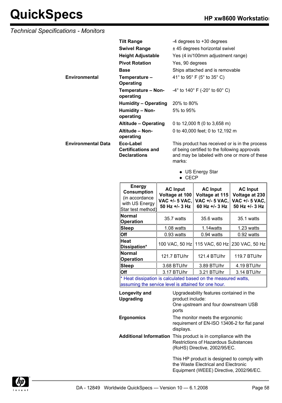 Quickspecs | HP xw8600 User Manual | Page 58 / 73
