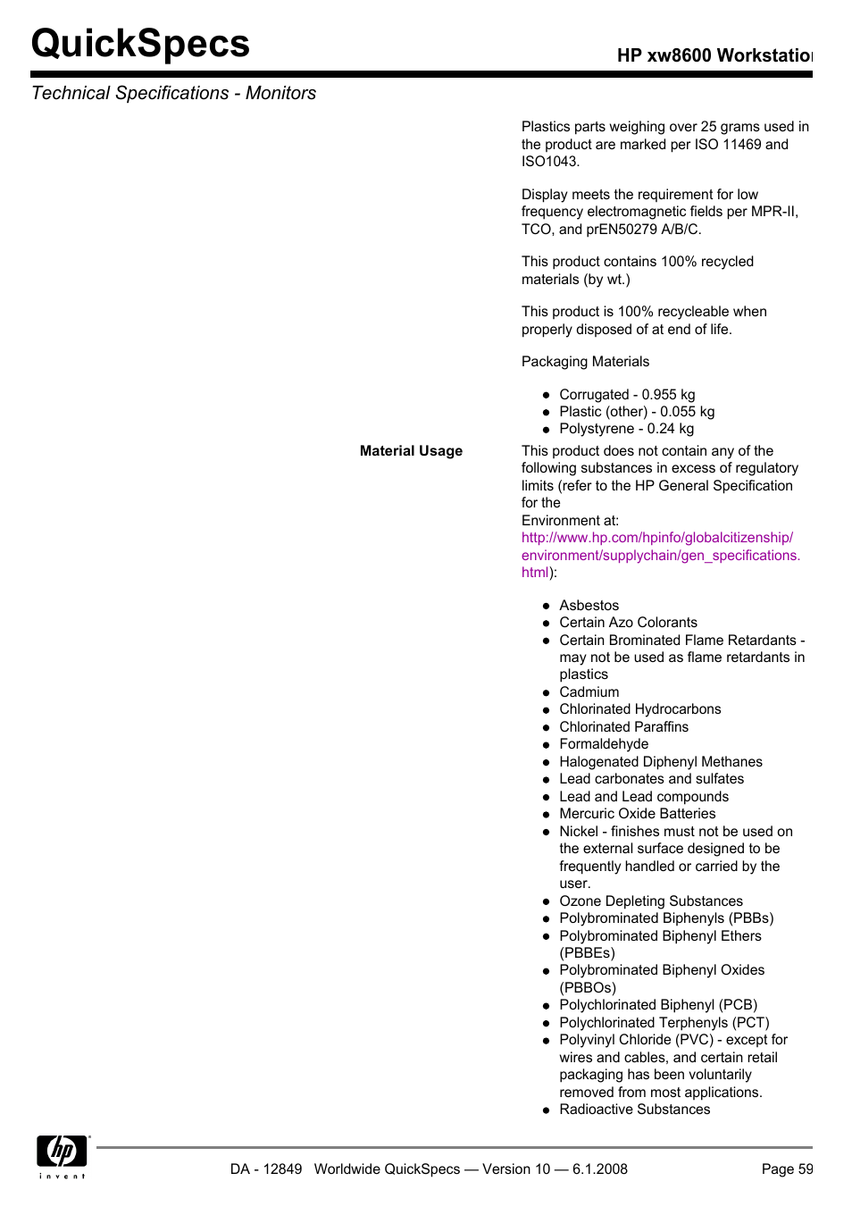 Quickspecs | HP xw8600 User Manual | Page 59 / 73